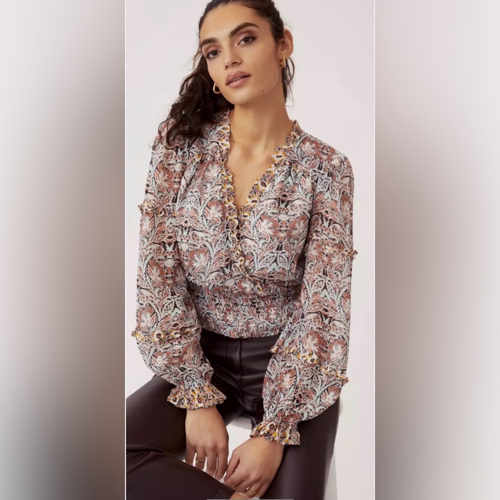 Anthropologie  XS Floral Ruffle Smocked Crop Blouse Boho‎ Cottagecore